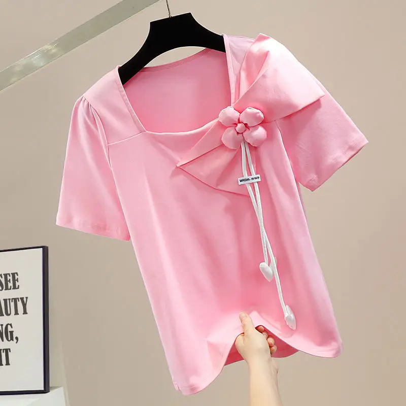 

VANOVICH 2022 Summer New Fashionable Design Sweet Three-dimensional Flower Bow O-neck Pullover Short-sleeved Casual T-shirt