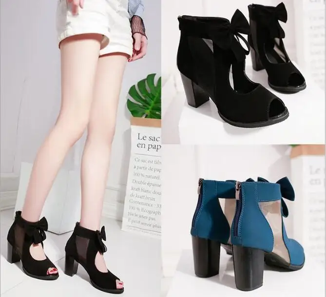 

Женские сетчатые босоножки на высоком каблуке, сандалии на молнии с бантом, лето 2022