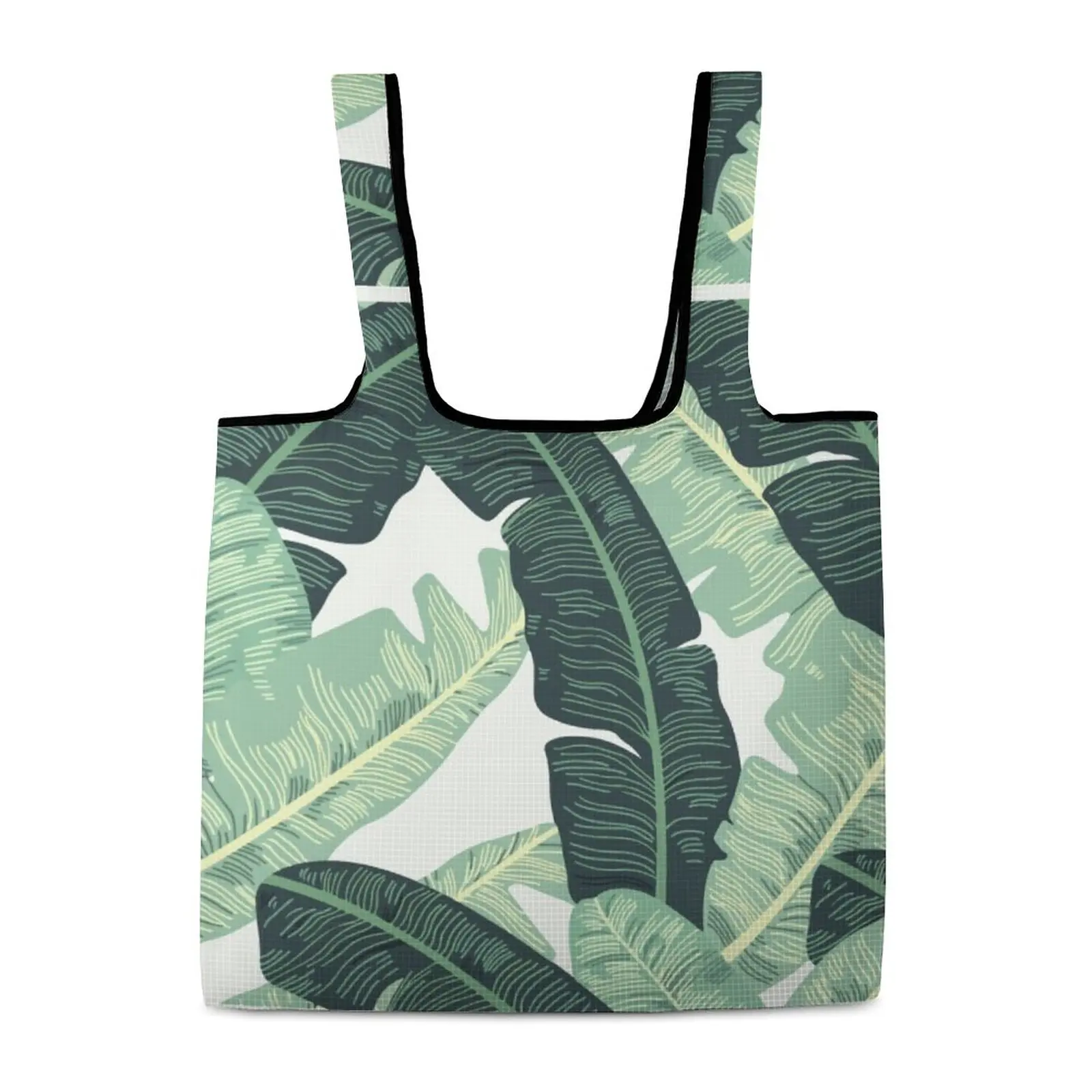 Foldable Shopping Big Green Leaves Handbag Beach Shoulder Bag Custom Pattern Bag Lightweight Reusable Large Capacity Tote Bag
