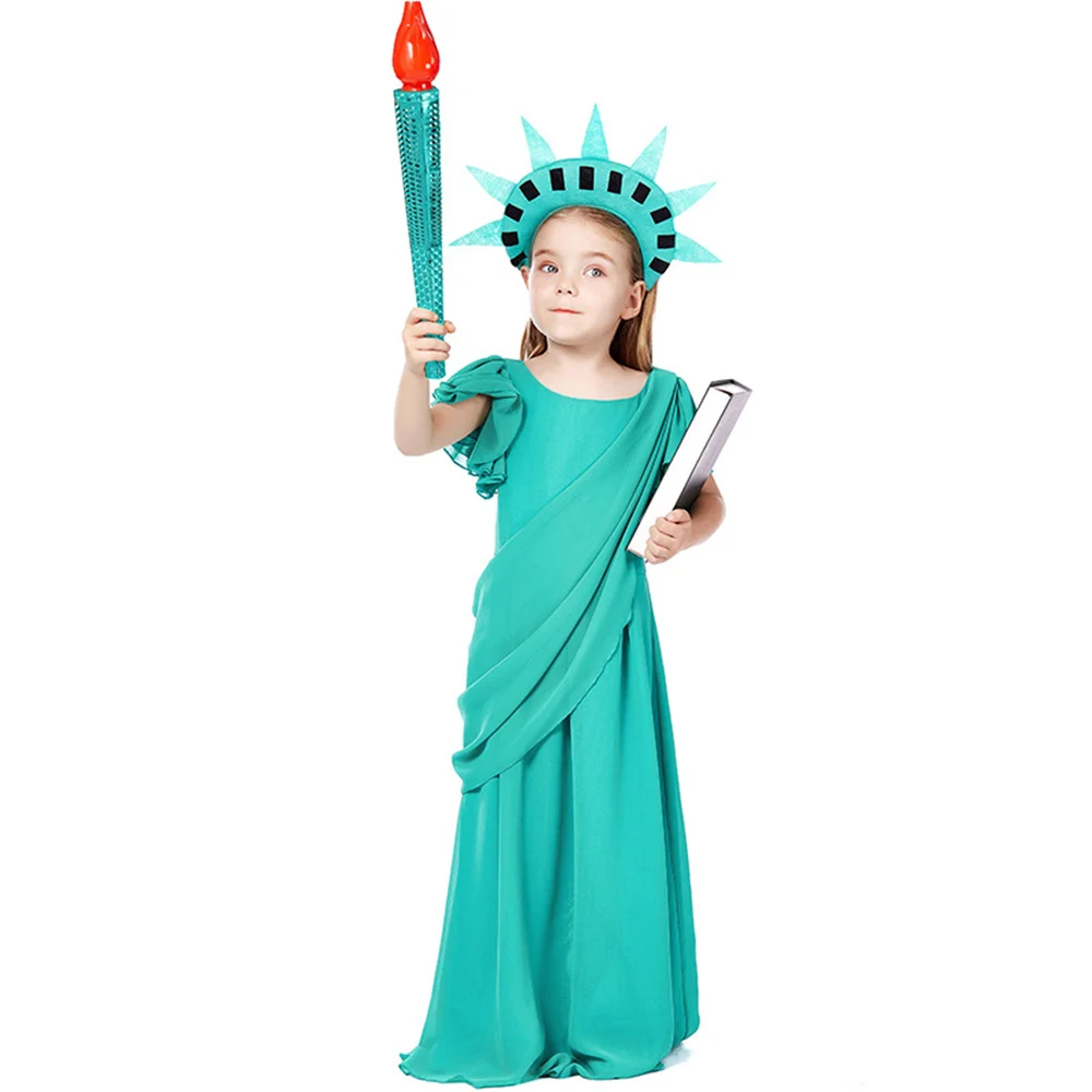 

Halloween Costume Girls Statue Of Liberty Cosplay Ancient Greek Goddess Costume Purim Carnival Party Robe And Headgear Suit