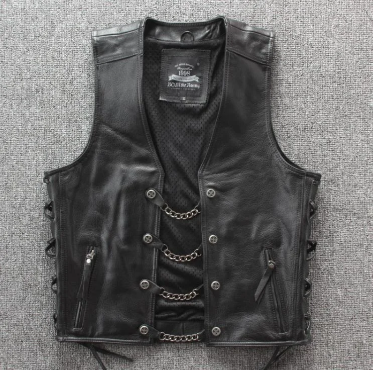 

High Quality Genuine Leather Rock Vests Mens Metal Chain Biker Vest Motorcycle Sleeveless Real Jackets Adjustable Lacing