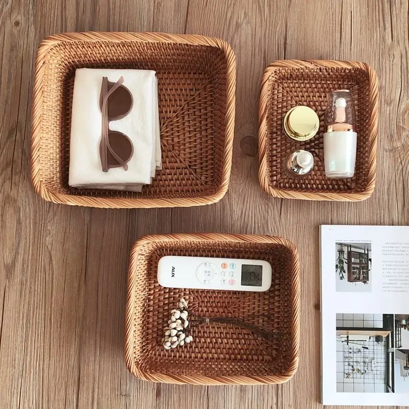 

Handmade Rattan Storage Baskets Household Items Snacks Fruit Tea Bread Picnic Cosmetic Rattan Box Kitchen Supplies Organizer