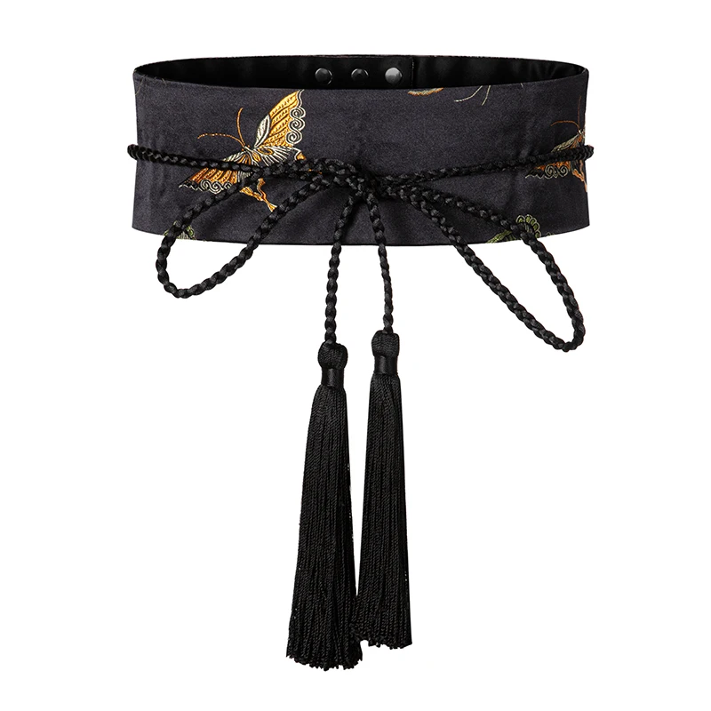 Butterfly Black Gold Color Classic Embroidered Wide Belt Retro Style All Match Waist Girdle with Tassel Dress Decorative Belt