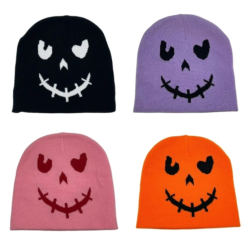 

N58F Knitted Beanie Hat for Students Adult Windproof Foldable Winter Hat Handmade Emoticon Pattern Keep Warm Cycling Hat