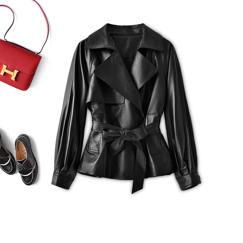 Genuine Leather Jacket for Women Sheepskin Covered Button Adjustable Waist Spring/Autumn High Street  Turn-down Collar