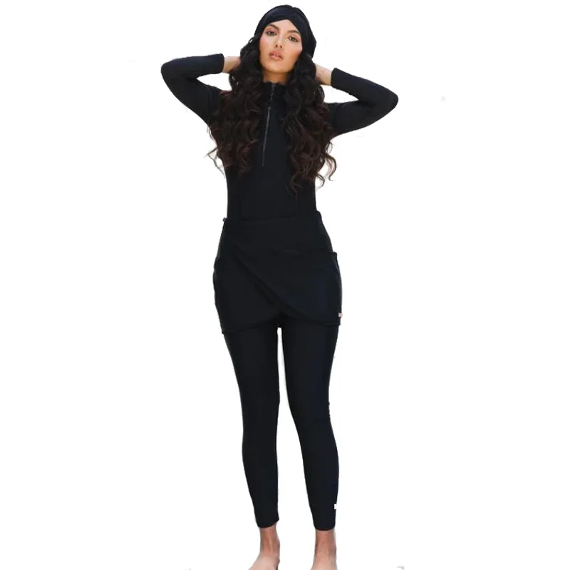 

2022 New Long Sleeve Solid Black Muslim Swimwear Womens Muslim Swimsuit Burkini