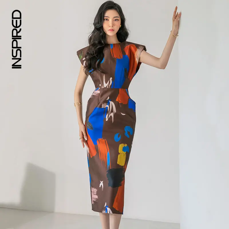 Korean Fashion Elegant Printed Dress Women 2023 Summer Luxury Temperament Package Hip Midi Dresses for Women's Slim Office Dress