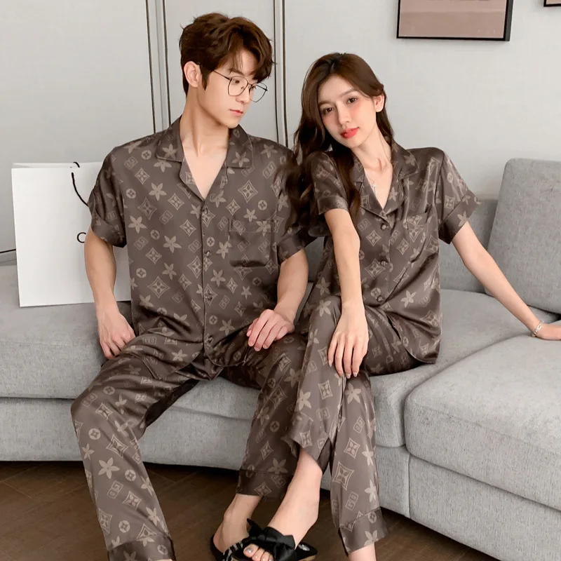 

QSROCIO Women's Imitation Silk Large Loose Pajamas Couple Fashion Printed Homewear Lapel Short Sleeve Pants Two Piece Set