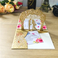 50 pieceslot 3d pop up gold glitter wedding invitations printable laser cut pocket bride and groom greeting invite card ic144