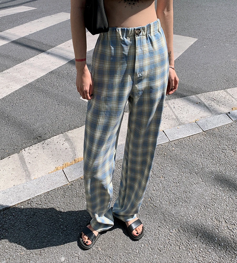 

2022 spring new women's high waist and thin blue plaid drape loose straight tube mopping wide leg casual pants women