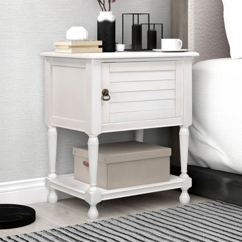 

Modern Wood End Table Nightstand with 1 Drawer and Charging Sockets, White