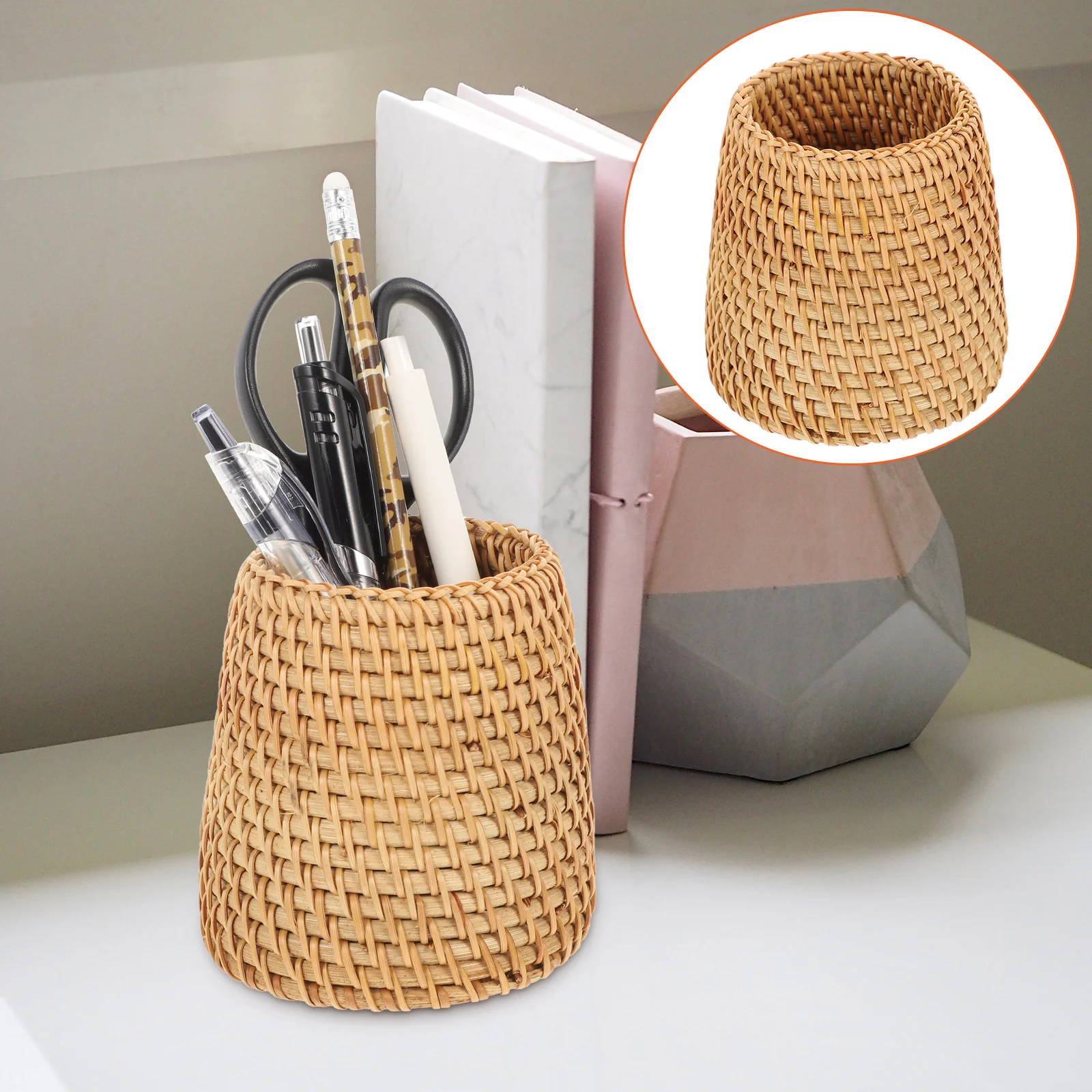 

Pen Holder Natural Style Office Tabletop Organiser Desk Decorate Stationery Organizer Autumn Vines Rattan Container Portable