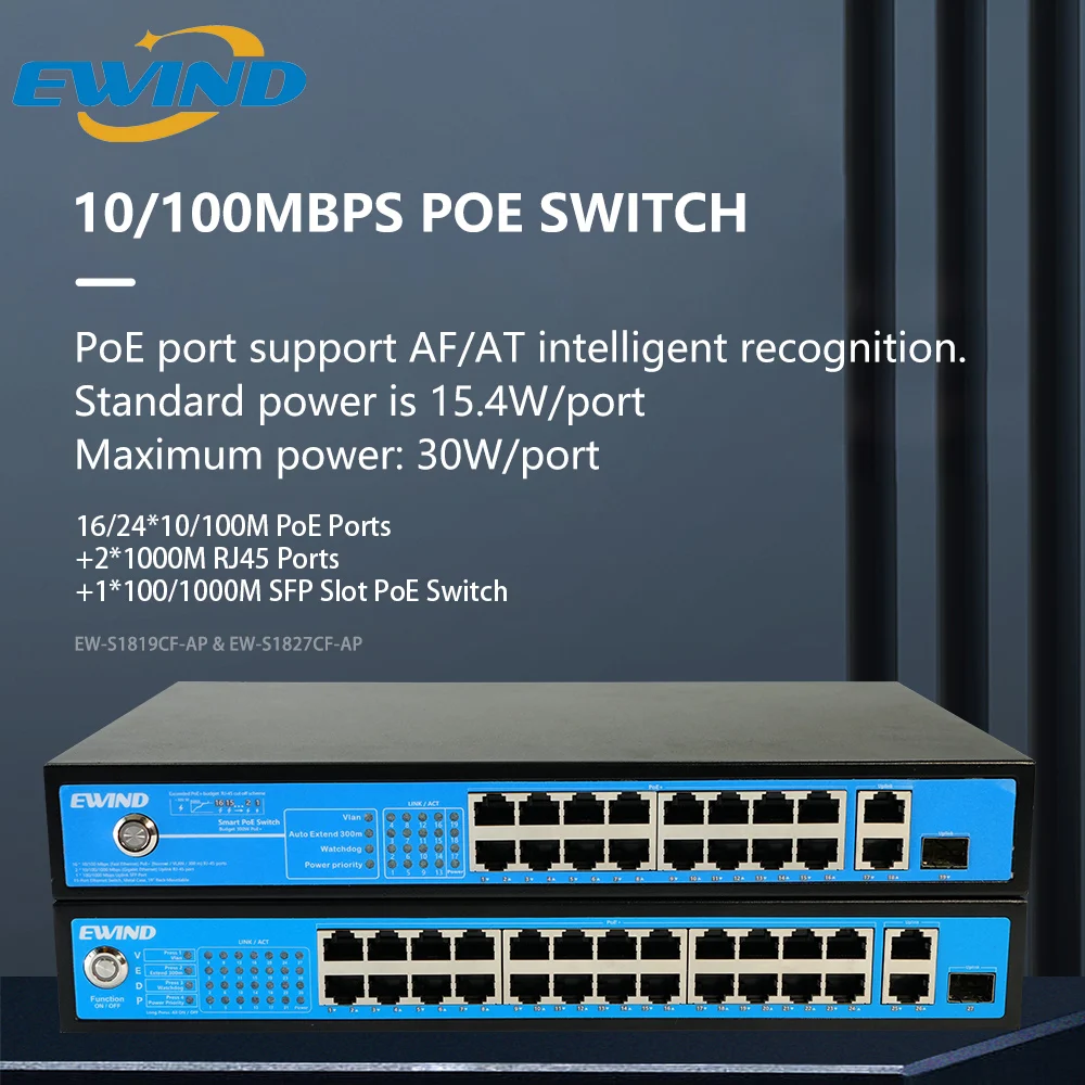 EWIND POE Switch 10/100M Ethernet Switch 16/24 Port Network Switch with 2 RJ45 Uplink AI Smart Switch for IP Camera/Wireless AP
