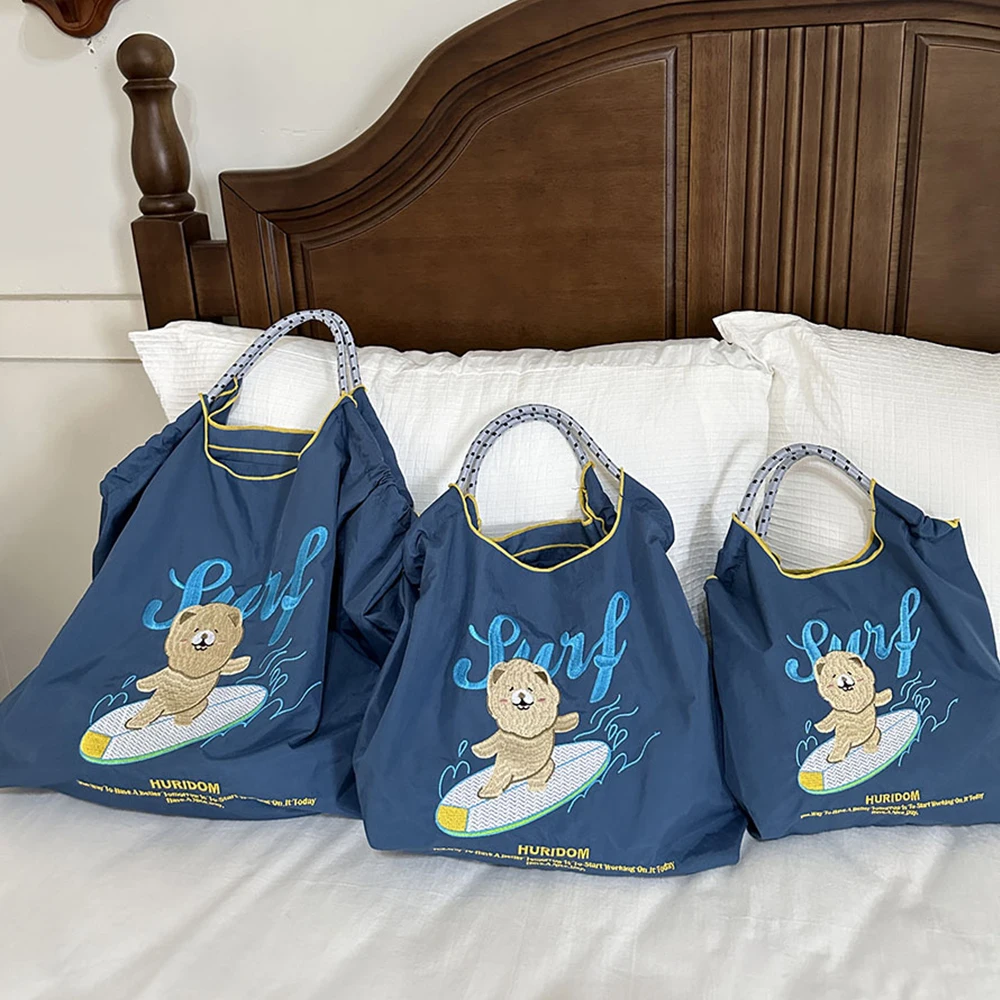 Cartoon Embroidery Eco Bag Bear Designer Women Shoulder Bag Rope Handle Shopper Purses and Handbags Nylon Tote Bags for Women