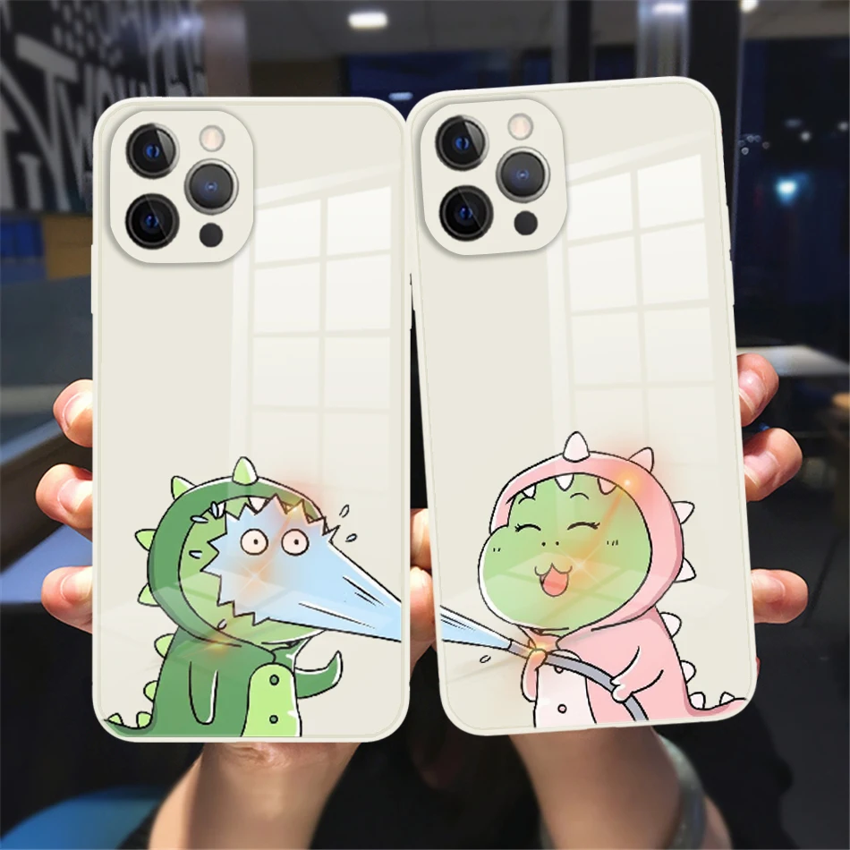 

Cute Cartoon Animal Dinosaur Couple Phone Case For iPhone 11 12 13 Pro Max X XS MAX XR 7 8 Plus 13Mini White Tempered Glass case