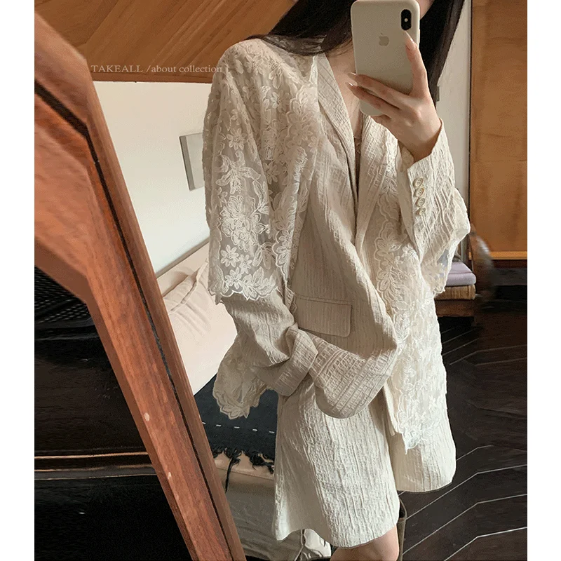 MiiiiX повседневный льняной текстурированный костюм-тройка кружевной кардиган