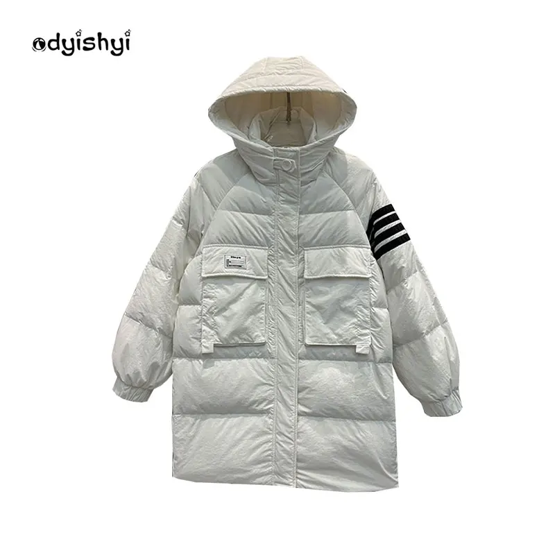 

Women's Mid Length Down Jacket 2022 New Korean Hooded Warm 90 White Duck Down Coat Parka Winter Outwear Fashion
