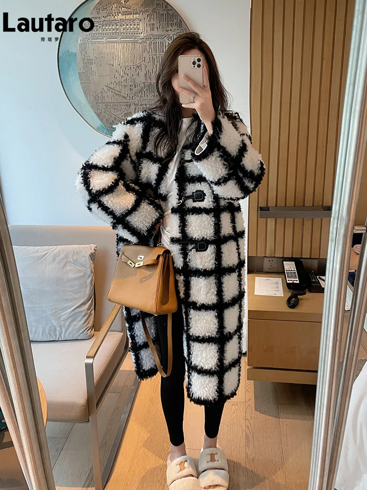 

Lautaro Autumn Winter Long Thick Warm Loose Fluffy Fuzzy Plaid Faux Fur Coat Women Horn Button V Neck Luxury Runway Fashion 2022
