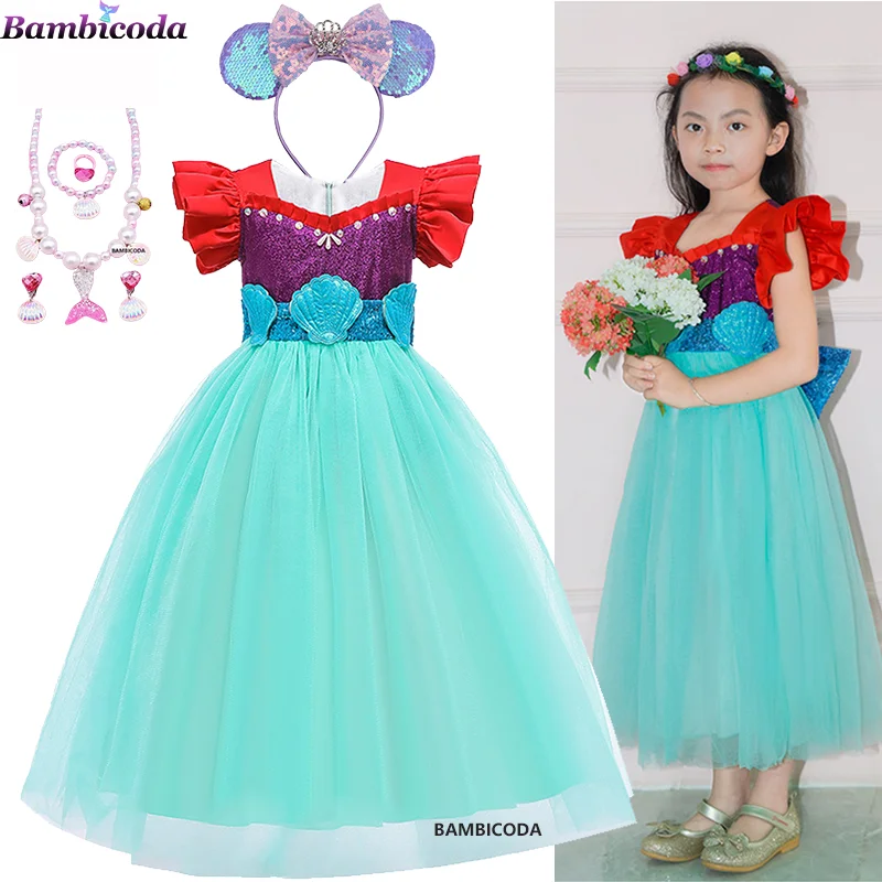 

Girls Little Mermaid Ariel Princess Dress Cosplay Costume Child Halloween Birthday Party Clothing Mermaid Hair Accessories