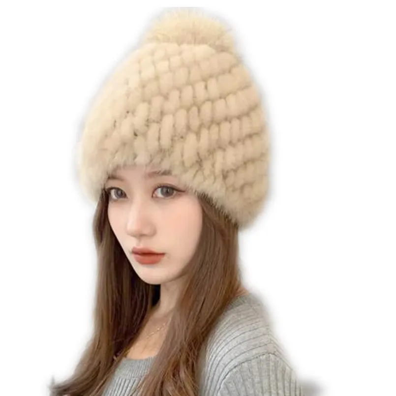 Genuine Mink Fur Cap Women Winter Knitted Beanie Russian Girls Hat with Natural Fox Fur Pompom Elastic Thick Beanie
