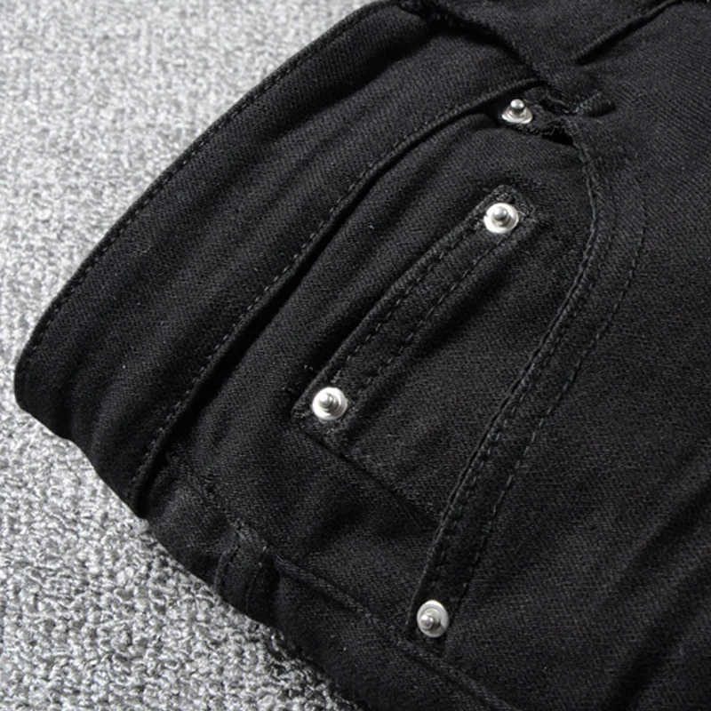 High Street Fashion Men Jeans Black Stretch Slim Ripped Jeans Men Hole Punk Trousers Patch Designer Hip Hop Brand Pants Hombre