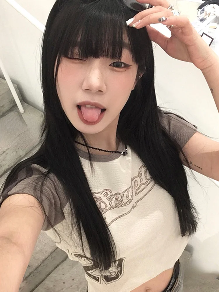 

Y2k стильные винтажные укороченные топы с буквенным принтом для девочек, футболки, женская Повседневная футболка с коротким рукавом, лето 2022,...