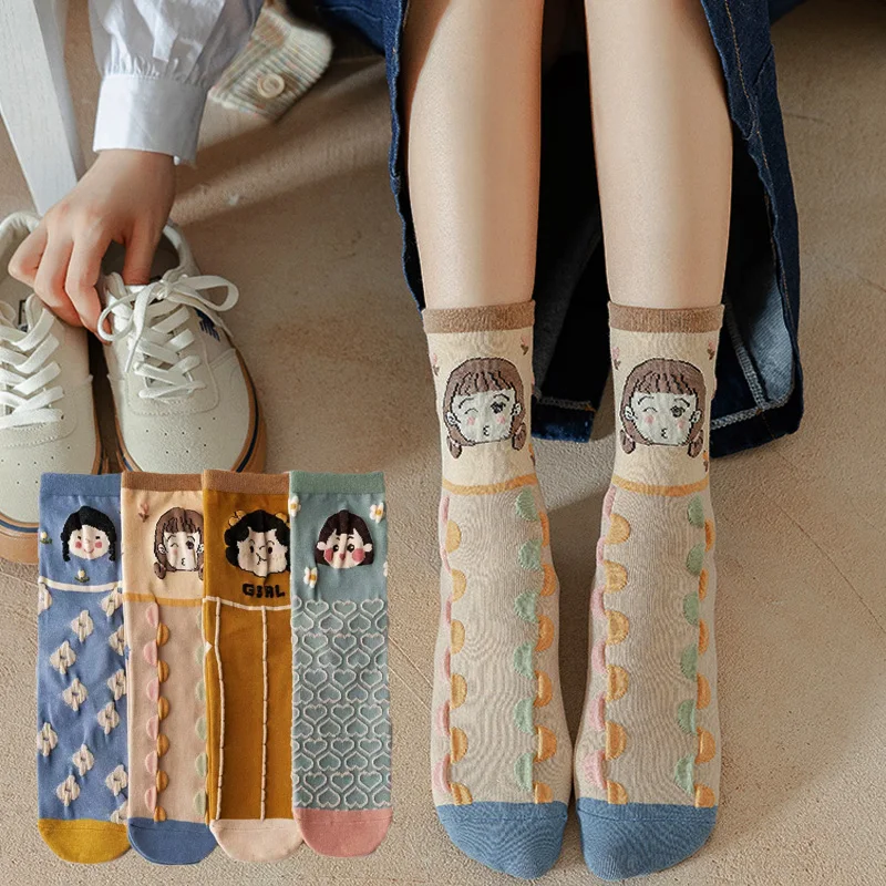 

Socks Female Cotton Socks In Tube Socks Preppy Cartoon Girl Character Tllustration INS Street Style Socks Cute Stocking Girl