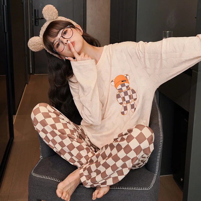 Spring Student Long-Sleeved Suit Pajamas Cotton Round Neck Inset Style Comfortable Breathable Clothes Wearable And Durable