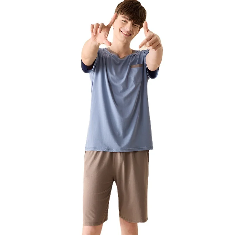 2022 New Summer 40S Cotton Pajamas Sets Men Homewear Boy High Quality Short Sleeve Night Sleep Pants