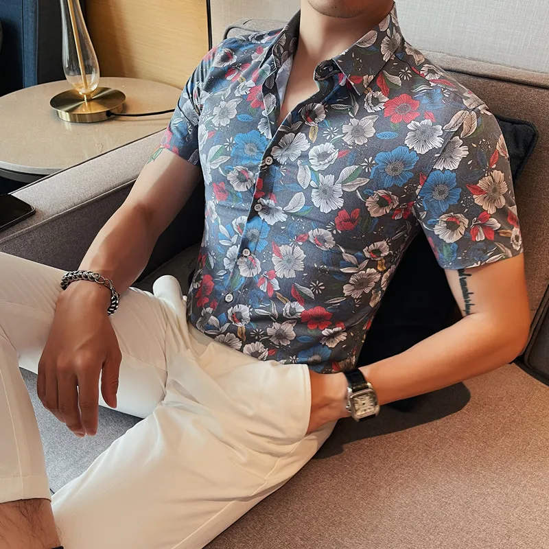 

Summer Short Sleeve Flower Shirts Men Slim Casual Business Formal Dress Shirts Fashion Beach Vacation Shirts Camisa Masculina