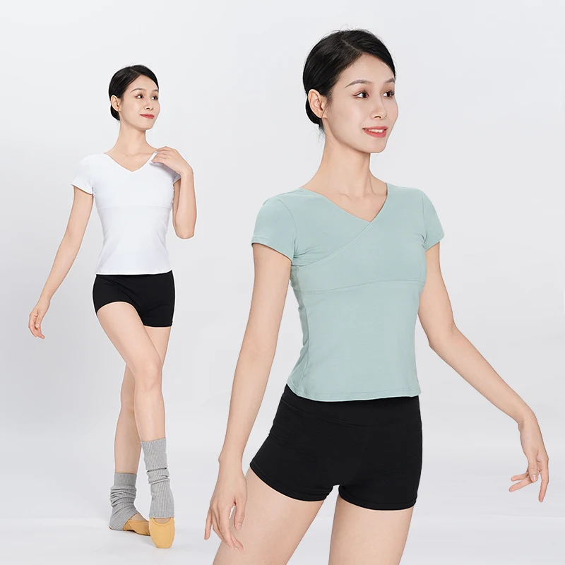 Женские танцевальные топы с v-образным вырезом футболка короткими рукавами