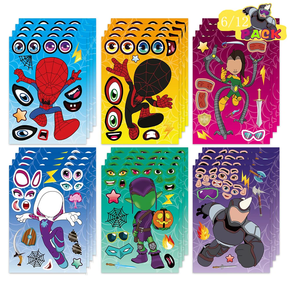 

6/12Sheets Disney Marvel Super Hero DIY Make-a-Face Puzzle Stickers Funny Decals Assemble Toys Jigsaw Children Kids Party Gifts