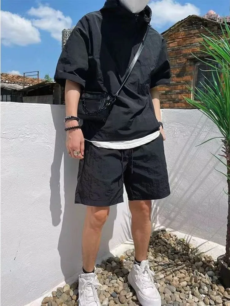 2Pcs Men Summer Tracksuit Shorts Set Hooded T Shirt Zipped + Matching Shorts Solid Cargo Large Size Casual Suit 4XL Male Clothes