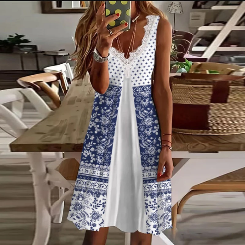 

Women Floral Print Dress 2022 Sleevelss V Neck Loose Party Dresses For Women Casual Mini Dress Women Loose Patchwork Dress Boho