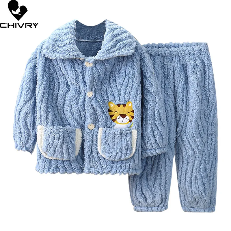 New Kids Autumn Winter Coral Fleece Warm Pajama Sets Cartoon Long Sleeve Lapel Tops with Pants Baby Boys Girls Pyjamas Sleepwear