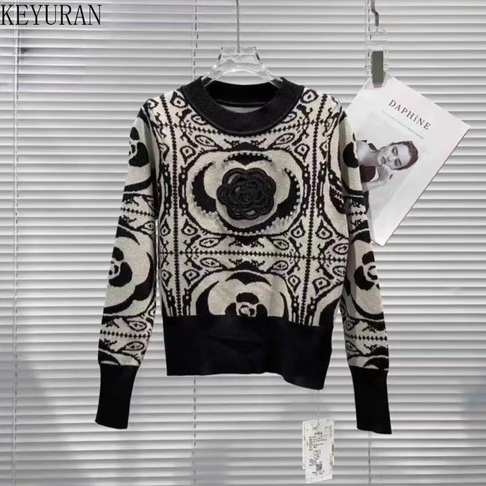 

2023 Autumn/Winter Beading Flower Knitted Pullover Sweater Women Fashion Round Neck Long Sleeve Knitwear Tops Pull Femme Jumper