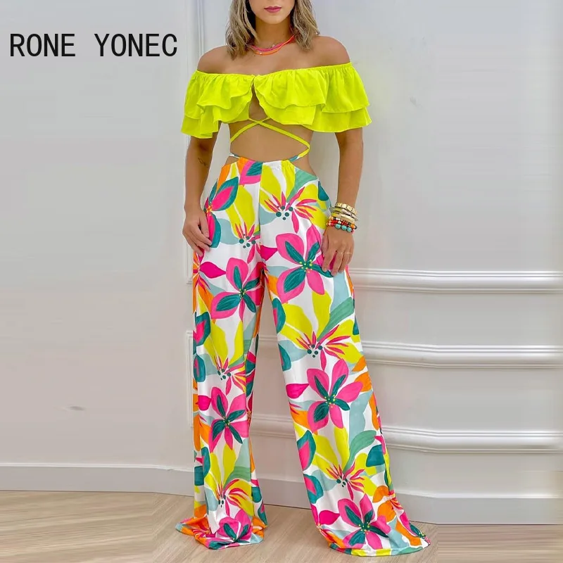 Women Chic Spaghetti Strap Solid Criss Cross Lace Up Ruffle Crop Top & Floral Print Pants Sexy Pants Sets