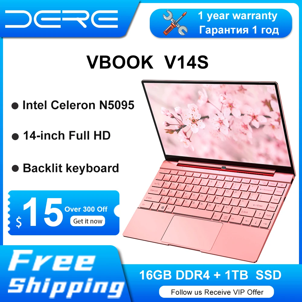 

Ноутбук Dere V14S, 14,1 дюйма, 16 ГБ ОЗУ, 1 ТБ SSD, Intel Celeron N5095, компьютер для учебы в бизнес-офисе, ноутбук с Windows 10