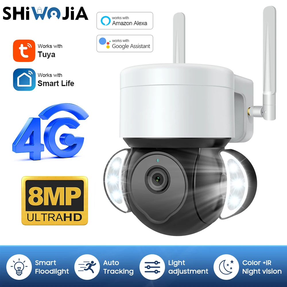 

SHIWOJIA 4MP 8MP PTZ IP Camera 4G/WIFI 4K Tuya Security Camera Auto Tracking Alexa Googe Home Floodlight Smart Life CCTV Video