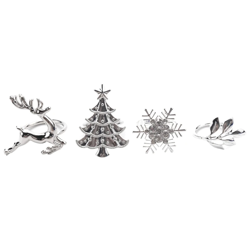 

16Pcs Silver Christmas Napkin Rings Snowflake Napkin Rings Decor Christmas Deer Napkin Holders Leaves Table Rings Decor