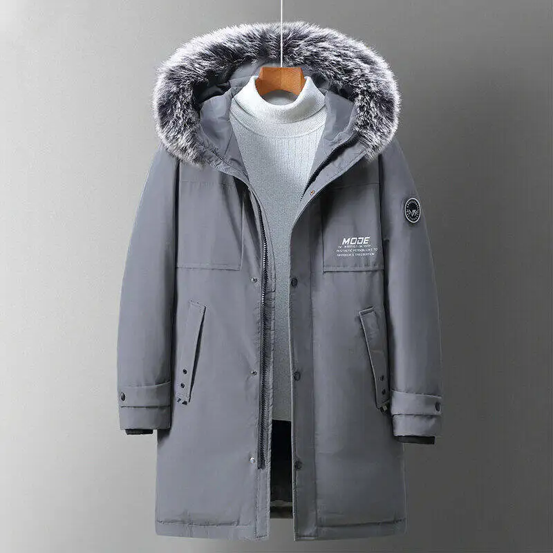 Winter down jacket casual plush long hooded large fur collar men's thick white duck down coat