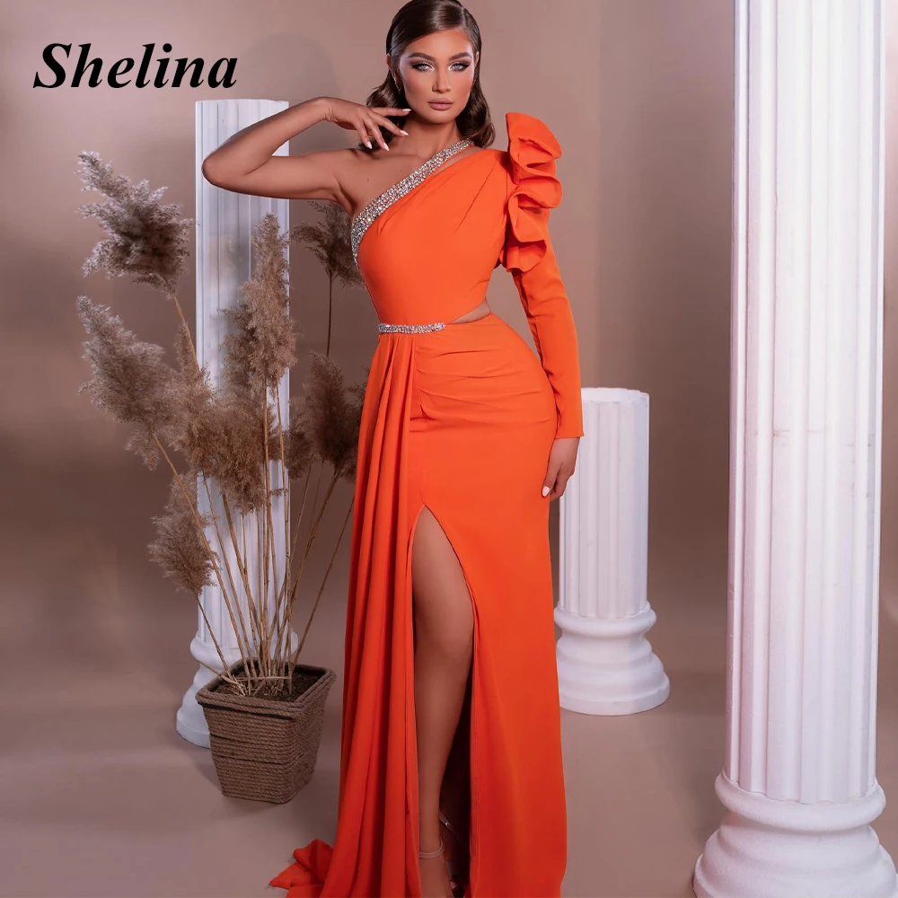 

Shelina Graceful Trumpet Prom Dress One-Shoulder Crystal Split Sweep train Satin Cut-Out Pleat Vestido De Noche Personalised