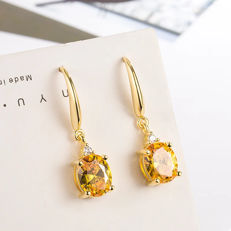 

HOYON 18K Gold Color Oval Citrine Long Earrings Women's Wedding Jewelry with Diamonds AAA Zircon Champagne Gold Color Jewelry