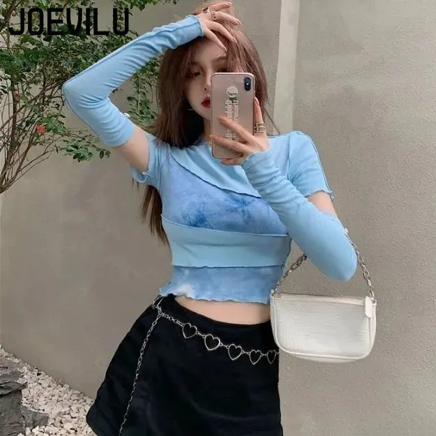 

JOEVILU Tie Dyed Patchwork Crop Top Women's Sexy Open Navel T-shirt Detachable Long Sleeved Goth Bottom Shirt Y2k Aesthetic Tee