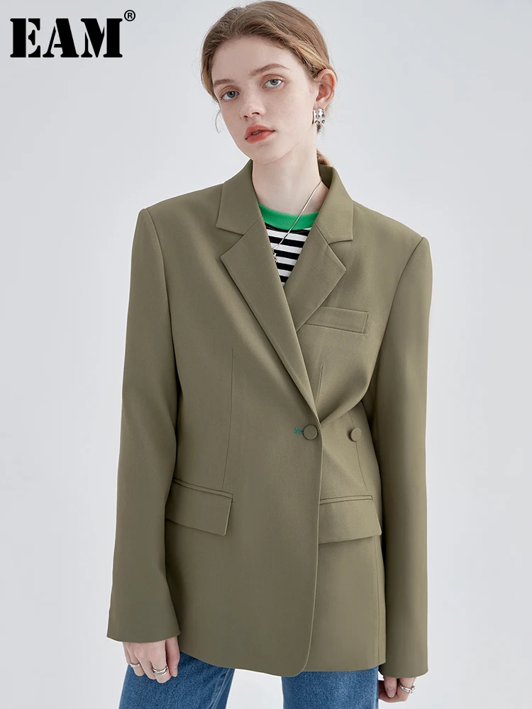 

[EAM] Women Brown Oversize Shaped Pleated Blazer New Notched Long Sleeve Loose Jacket Fashion Tide Spring Autumn 2022 1DE6191