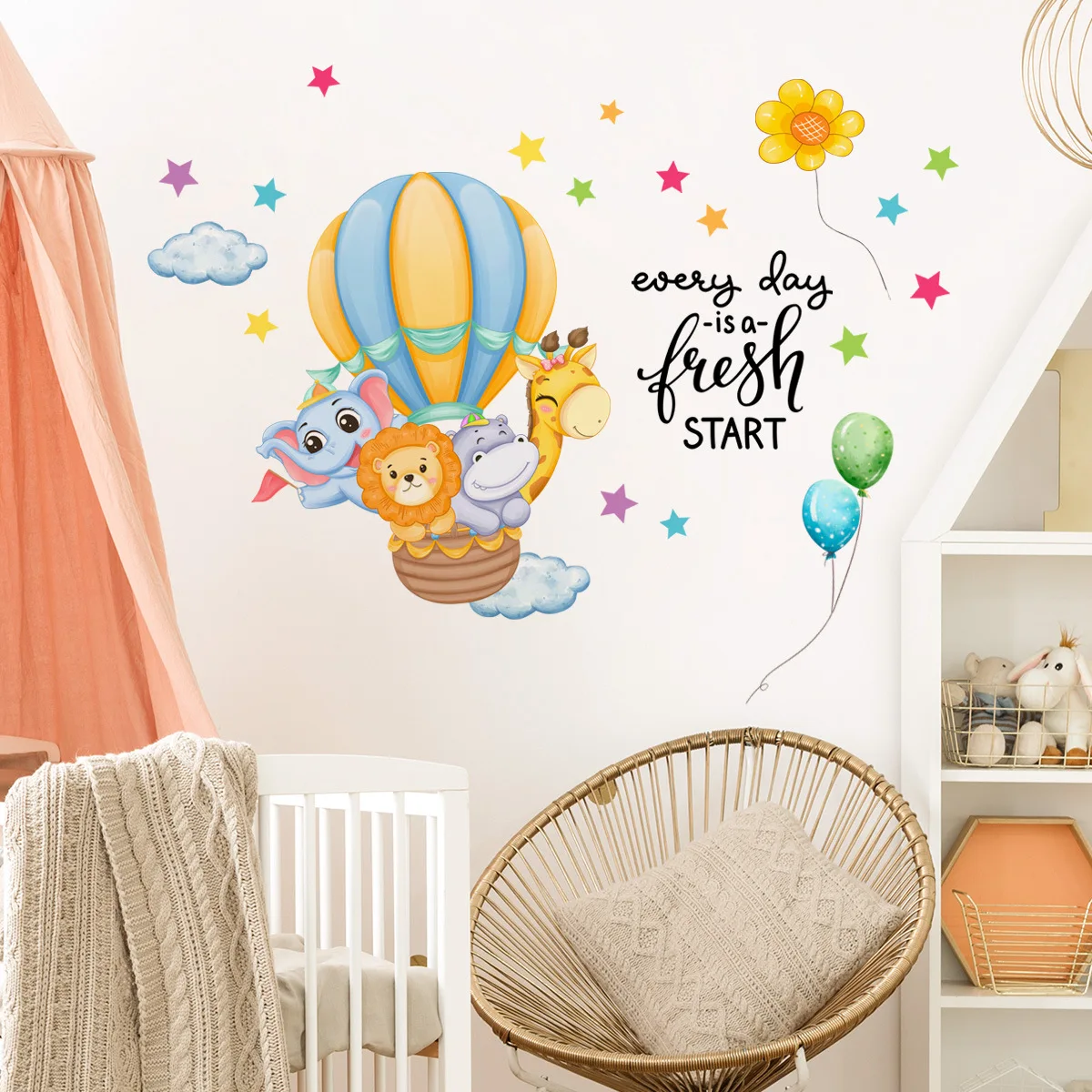 

Cartoon Animals on Hot Air Balloon Wall Decals Baby Room Decoration Wall Stickers for Kids Room Nursery Room Kindergarten Murals