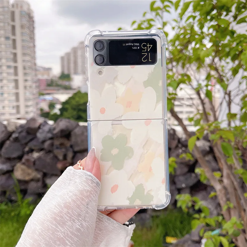 

White Green Flower Fashion Phone Case for Samsung Galaxy Z Flip 3 Z Flip 4 Soft TPU Back Cover for ZFlip3 ZFlip4 Cases Shell