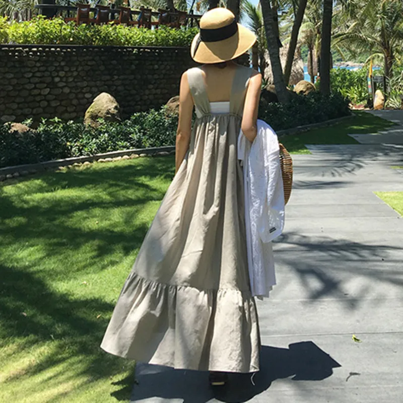 

Cotton and linen dress Korean knee length loose flounces sleeveless suspenders casual strap skirt