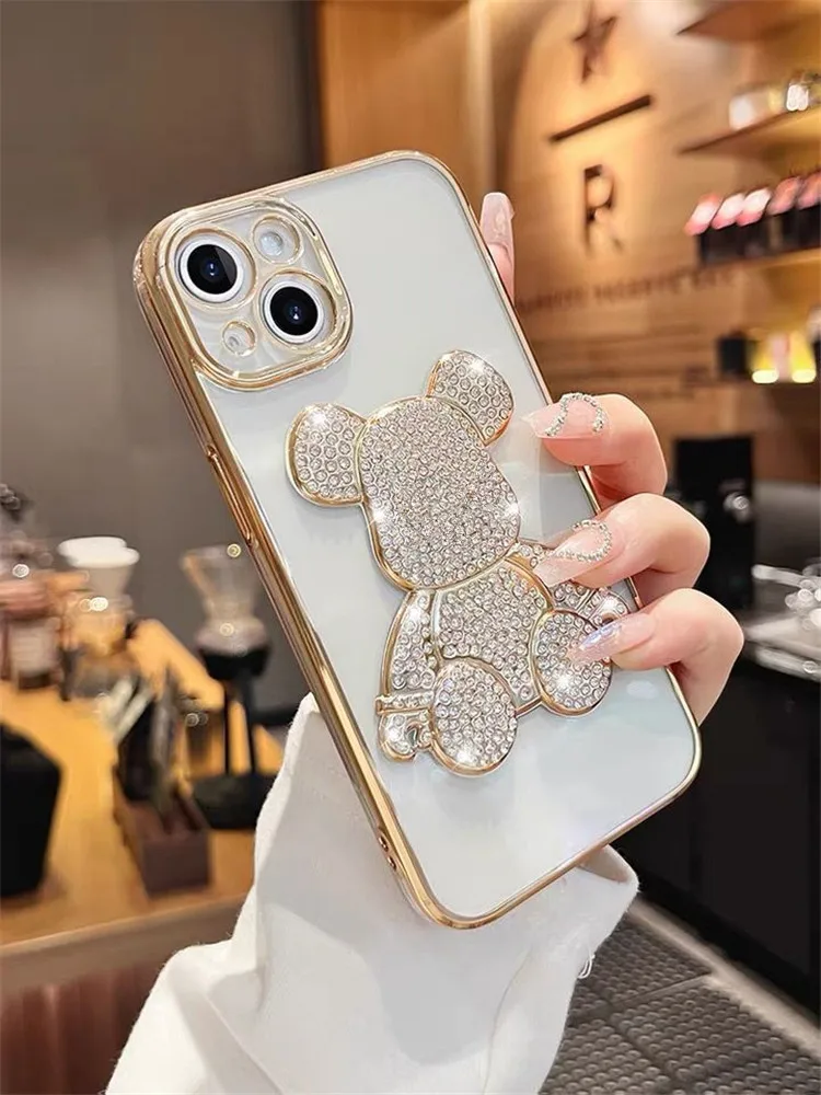 

Cartoon Cute Bear Clear Case For Apple iphone 14 13 12 11 Pro Max Bling Diamond Glitter Cover Plating Frame Phone Skin Shell