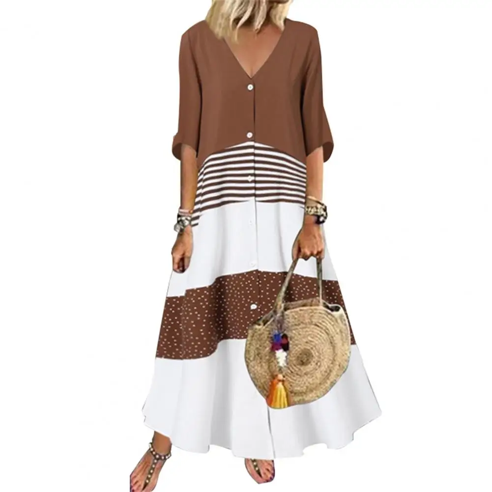 

2023 New Women's Dress V Neck Half Sleeve Large Hem Long Skirt Polka Dot Stitching Print Button Shirt Dress Women's Elegant Part